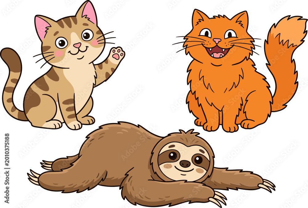 Naklejka premium Cute Cartoon Animal Character Set Featuring Waving Tabby Kitten Fluffy Ginger Cat and Smiling Brown Sloth for Kids Education Nursery Decor and Pet Themed Graphic Designs