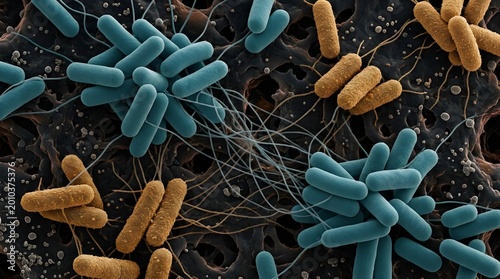 Blue and Orange Bacilli on Organic Surface with Conjugation Pilus