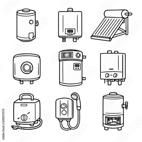 black and white line drawing illustrations of various water heaters