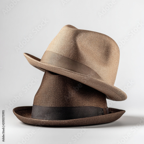 Classic stylish fedora hats arranged on a clean white background. This minimalist studio product photography features high-key lighting, sharp details, and a photorealistic professional finish.