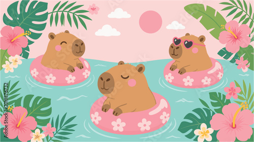 Capybaras in Pool with Pink Floats and Floral Background