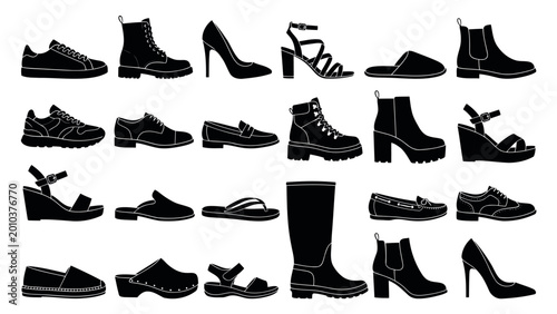 A stylish collection of various footwear silhouettes including sneakers, boots, heels, and sandals in black.