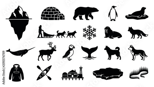 A collection of Arctic-themed silhouettes, showcasing wildlife, activities, and elements of the polar environment.
