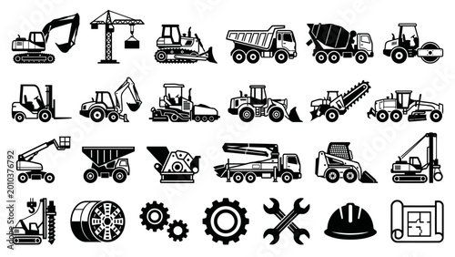 A collection of black and white construction machinery silhouettes including excavators, trucks, and tools.
