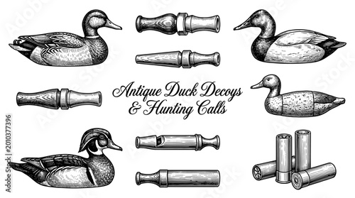 Valokuva Vintage Duck Hunting Gear Set: Hand-Drawn Antique Decoys, Wood Calls, and Shotgu