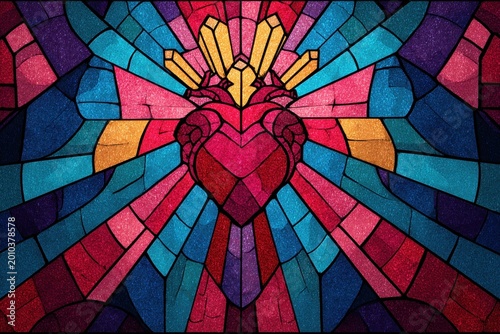 Stylized sacred heart stained glass artwork vibrant colors