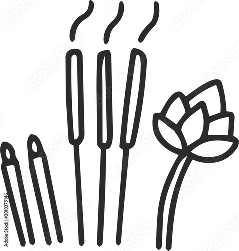 Incense and candle set thai culture line outline doodle icon for design concept