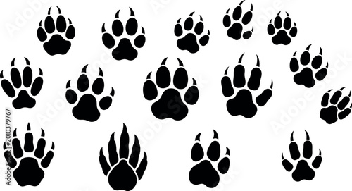 Foto Collection of black animal paw prints on a white background illustrating wildlif