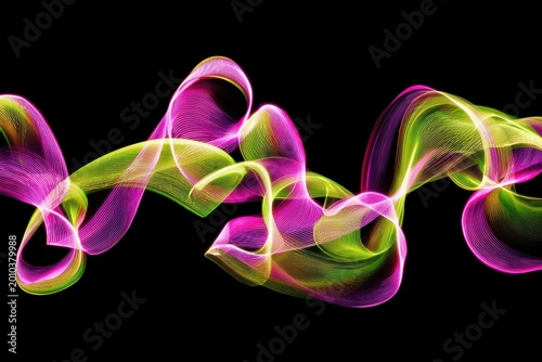 Vibrant abstract light streaks with fluid motion on black background