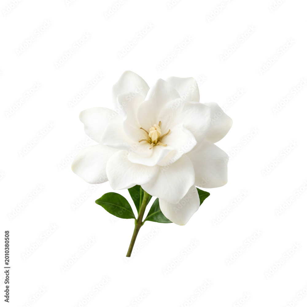 Obraz premium A delicate white flower with layers of petal folds and green leaves, showcasing its natural beauty and elegance.