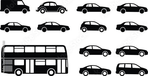 Tableau sur toile Set of black vehicle silhouettes including double decker bus delivery van sedan coupe and hatchback car isolated on white background for transportation and traffic design