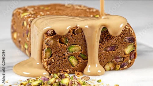 Traditional Halva With Green Pistachios And Creamy Tahini Sauce Pouring On Marble Surface