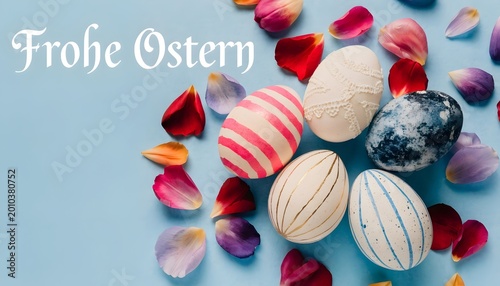 Decorated Easter eggs nestled with colorful flower petals during a soft spring morning