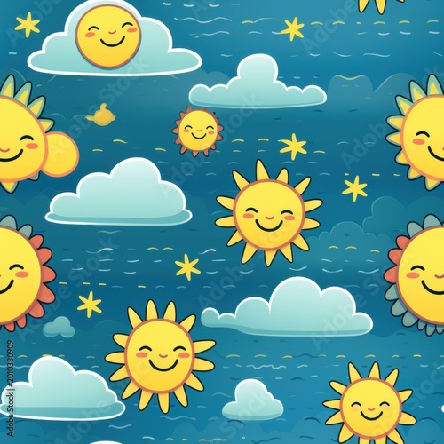 Seamless pattern with smiling suns fluffy clouds and stars