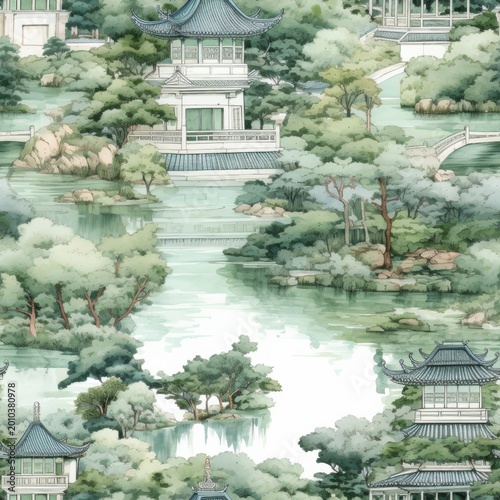 Watercolor ink wash illustration of traditional Chinese water garden