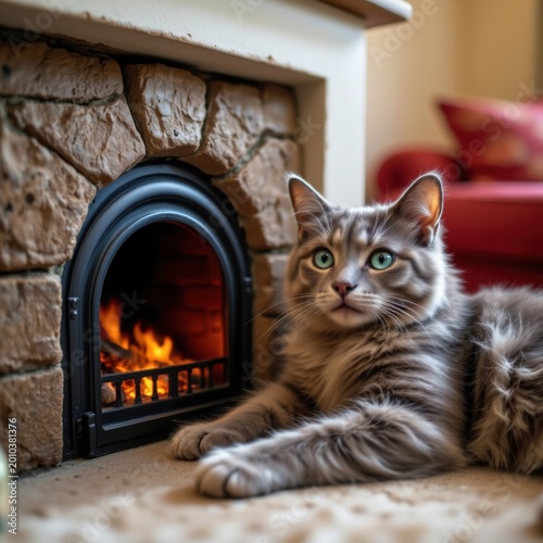 Peaceful Cat Relaxing by a Crackling Christmas Fireplace with Pastel Flames and Warm Glow
