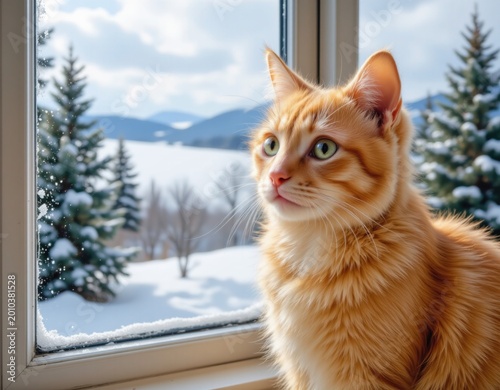Peaceful Ginger Cat Gazes Out Frosty Window at Snowy Winter Wonderland Landscape