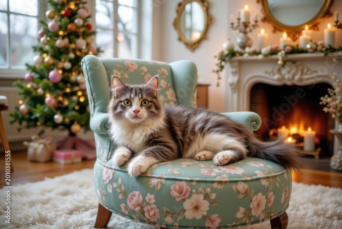 Cozy Christmas Comfort: Fluffy Cat Rests on Vintage Armchair in Festive Holiday Home