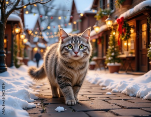 Serene Cat Wanders Through a Magical, Snow-Covered Christmas Village at Golden Hour