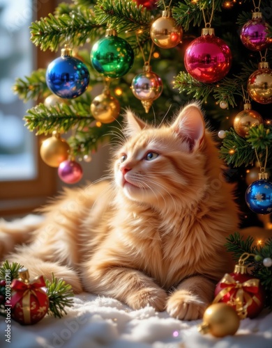 Serene Cat Resting Under Decorated Christmas Tree, Whimsical Winter Wonderland Scene