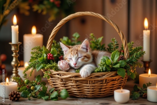 Serene Pastel Kitten Sleeping in a Christmas Woven Basket Amidst Gentle Candlelight