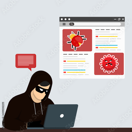 Εκτύπωση καμβά Hooded hacker using laptop to spread computer bug and virus malware on web browser