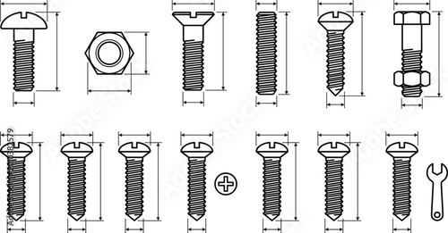 Fotografía Bolt and Screw Technical Drawing Set Featuring Different Fastener Types with Mea