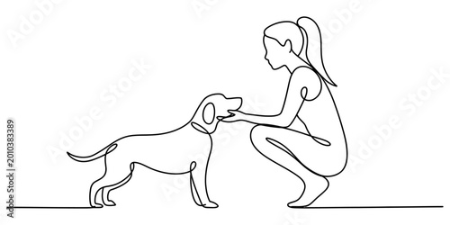 Foto A young woman petting her cute dog in a continuous single line art style drawing