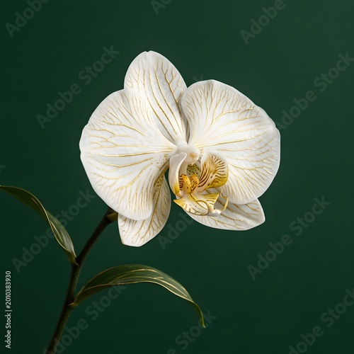 Elegant White Orchid with Gold Veins Against Dark Green Background