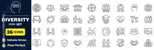 Diversity icon set, 36 vector icons for inclusion and equality
