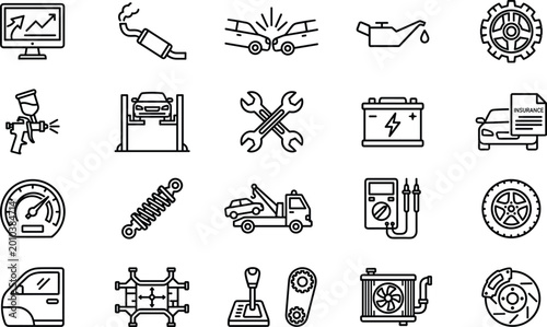 Bild auf Leinwand Automotive Car Service and Repair Line Icon Set Featuring Battery Brake Suspensi