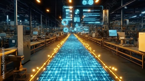Futuristic automated factory with digital conveyor system in modern industrial setting