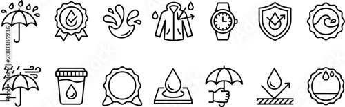Set of waterproof and water resistant thin line vector icons
