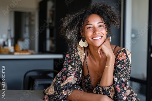 Portrait of a content afro-american woman in her 30s smiling at the camera in front of modern minimalist interior