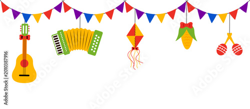 Festa Junina decorations with guitar, accordion, kite, corn, and maracas on transparent background