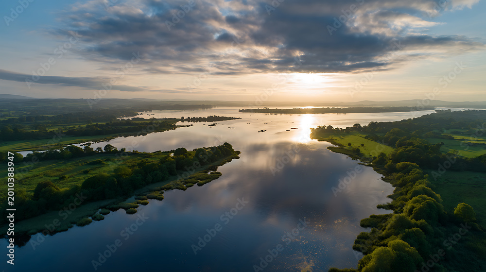 Fototapeta premium Aerial view of a serene lake at sunrise with golden light reflecting on the water, lush green landscape surrounding the tranquil nature scene