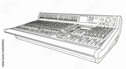 Audio mixing console with numerous faders, knobs, buttons, and screen