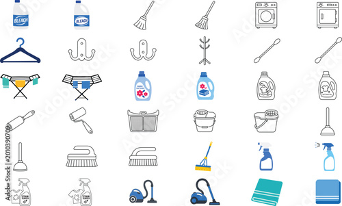 Bild auf Leinwand Professional household cleaning and laundry maintenance vector icon set bundle featuring 36 hand-drawn minimalist outline illustrations with editable stroke for customizable line weight and design