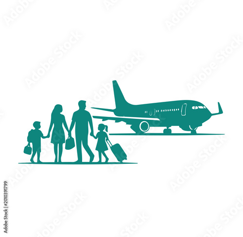 Family travel concept with airplane and luggage silhouette icon, airplane