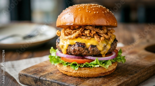 A mouthwatering gourmet cheeseburger stacked with a flame-grilled beef patty, melted cheddar, crispy fried onions, fresh lettuce, tomato, and red onion on a brioche bun.