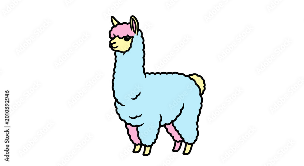 Obraz premium A cartoon llama with a pink face and legs stands against a white background, depicted in a colorful and playful illustration style with bold lines.