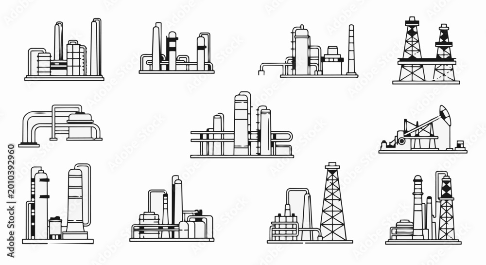 Obraz premium Industrial factory complex illustration with multiple structures and pipelines.