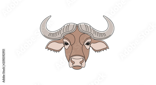 Quadro em tela A close-up illustration of a buffalo's head with large horns on a white background