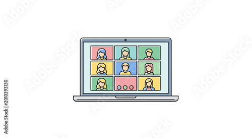 Schilderij op canvas A cartoon-style laptop displays a video conference on its screen with multiple colorful participant boxes on a plain white background