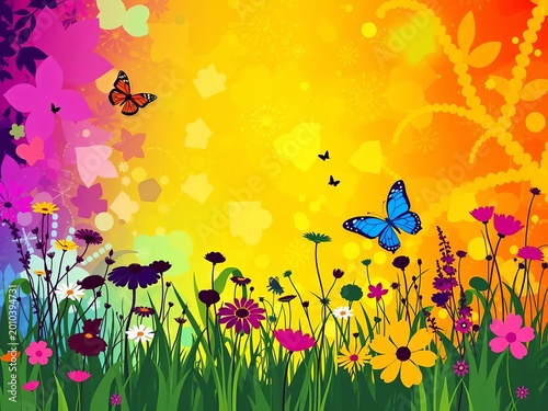 Vibrant floral abstract background featuring colorful silhouettes of grass flowers and butterflies, cheerful, patterned