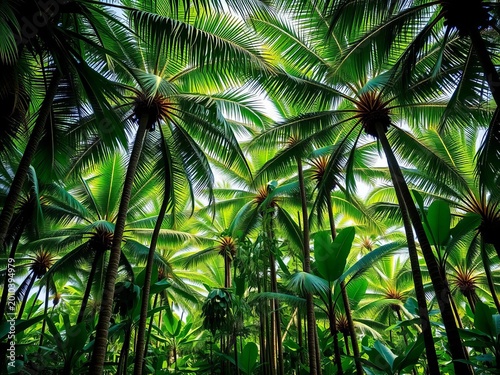 Tall palm trees with green leaves standing in a jungle setting, tropical forest, beach palm