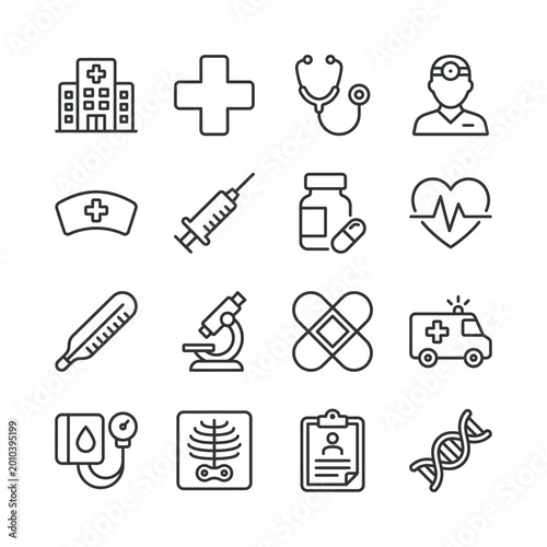 Medical symbols and elements vector icons set outline