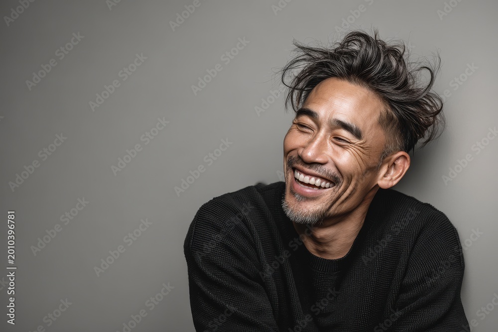 Fototapeta premium Portrait of a glad asian man in his 40s laughing while standing against blank studio backdrop