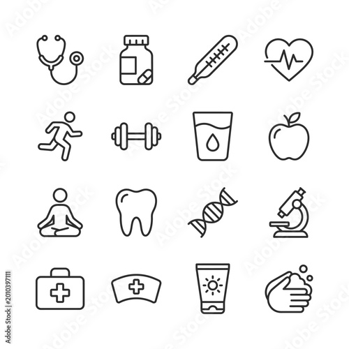 Modern medical and wellness icons line illustration
