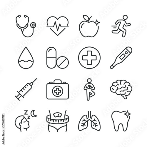 Essential medical and wellness icons vector set